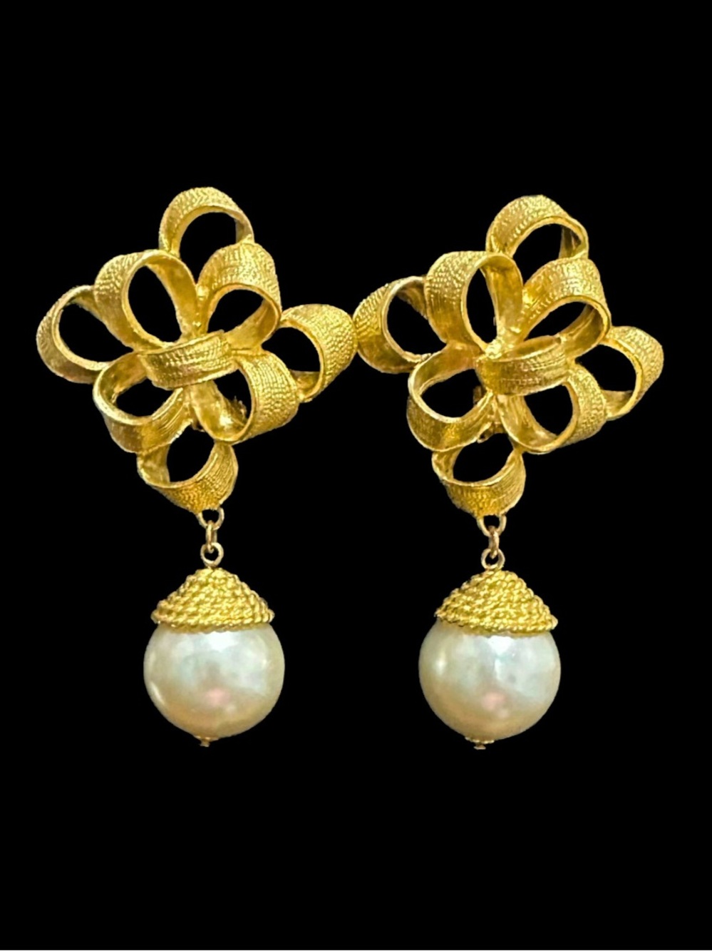 Vintage Gold Floral Ribbon Pearl Drop Earrings - Women Jewelry
